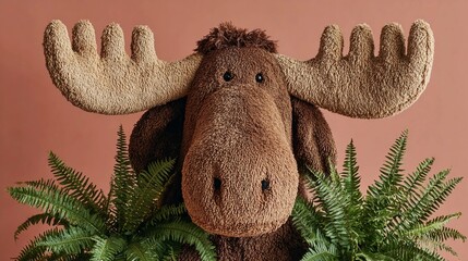 Moose-shaped plush toy surrounded by green ferns on a warm background