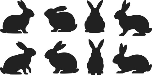 Rabbit silhouette vector set, bunny clipart collection, black animal icons, cute rabbit poses, wildlife pet illustrations, nature design elements