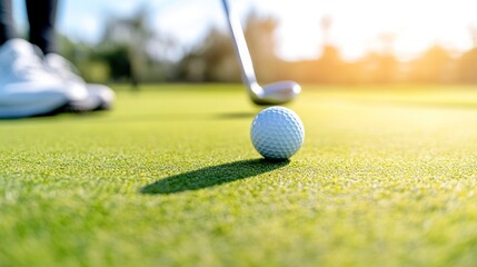 Golf Ball on the Green: A golfer poised to putt a golf ball on the lush, vibrant green of a golf course, illuminated by the sun's warm glow.