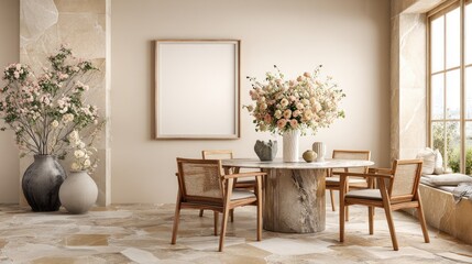 Elegant Dining Room with Large Flower Arrangement and Natural Lighting