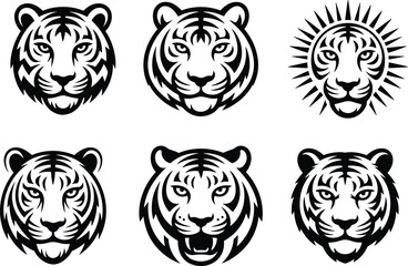 Tiger face vector icons, wild animal head clipart, black and white tiger illustration, fierce predator artwork, tribal style design elements