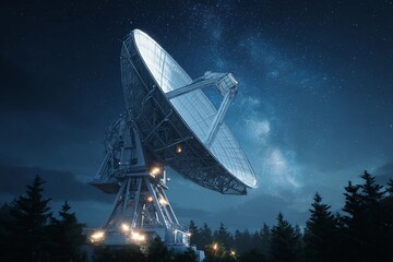 Large radio telescope pointed toward a star-filled night sky surrounded by trees