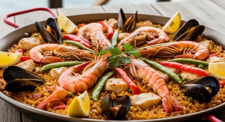 Delicious Seafood Paella with Shrimp, Mussels, and Lemon Garnishes, Close-Up View