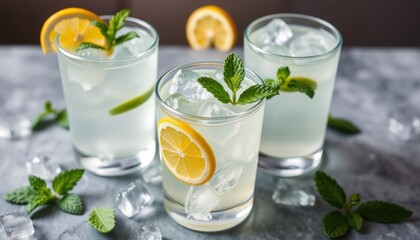 Refreshing tall glasses filled with ice cold lemonade garnished with lemon slices and mint leaves