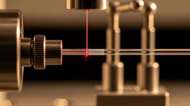 Side view of a fiber Bragggrating inscription process showing an infrared laser writing periodic patterns onto a glass optical fiber under fine adjustment.
