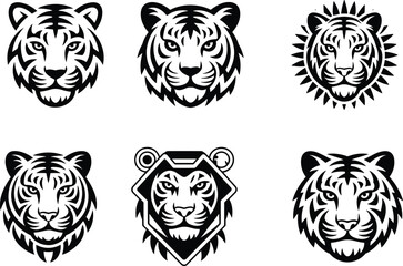 Tiger head vector illustration, wild animal face clipart, black and white tiger design, tribal style icon, fierce predator graphic