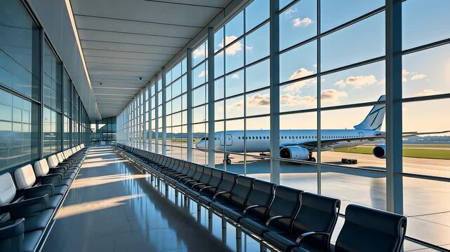 Spacious empty airport terminal with rows of seats large windows and airplane visible on runway in background