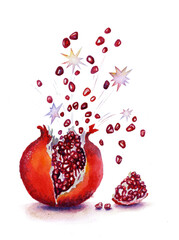 Bursting pomegranate with a splash of ruby red arils and sparks. Vibrant watercolor illustration on white. Symbol of energy, vitality and abundance.
