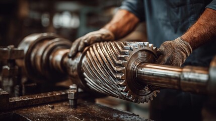 Craftsman works on large gear in workshop during late afternoon hours