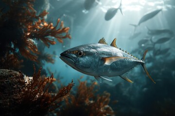 Fototapeta premium School of jack fish swimming among vibrant underwater flora in the ocean at midday