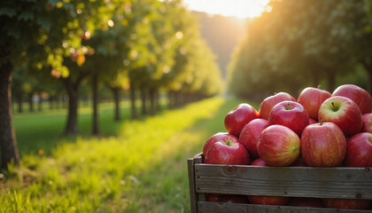 Fresh red apples in a wooden crate on a sunny afternoon in an orchard with copy space