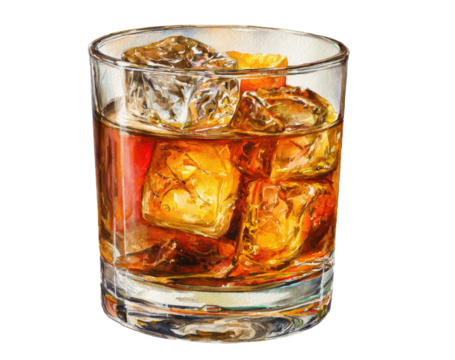 Detailed illustration of a whiskey glass with ice (1)