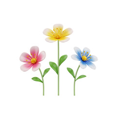 Naklejka premium Three Cartoon Flowers: Pink, Yellow, Blue; Cheerful Springtime Design