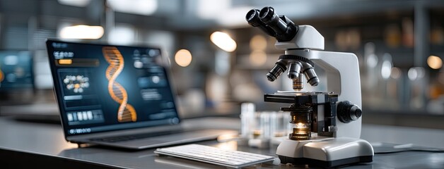 Advanced laboratory setup with a microscope and software display illustrating DNA analysis in a modern research facility