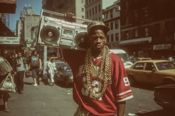 1980s rapper on a city street carrying boombox