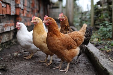 Chickens roaming freely in a traditional free range poultry environment at a rural farm setting during sunny weather