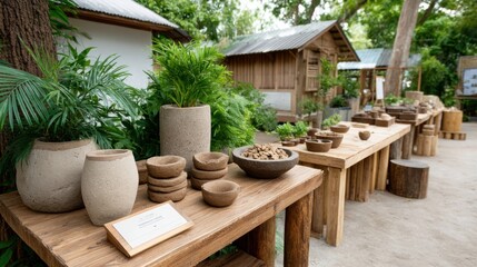 Fototapeta premium Beautiful handmade ceramic pottery display with rustic outdoor art sculptures handcrafted decorative items natural textured finishes and eco-friendly design for home and garden