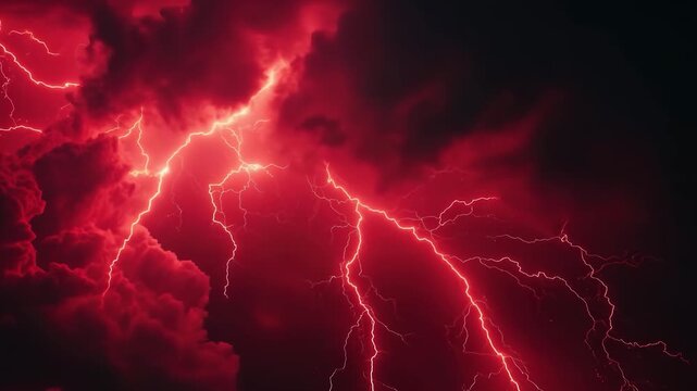 Red lightning storm with glowing electric flashes abstract fiery thunderstorm energy background motion video in 4k quality