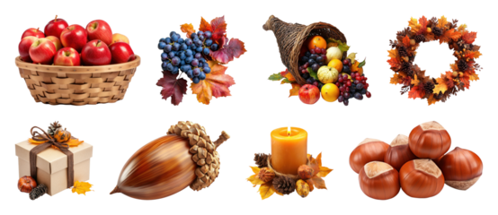 PNG Autumn harvest decorations collection, element set on transparent background