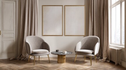 Elegant Modern Living Room with Two Armchairs and Coffee Table in Bright Sunlit Space