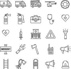 Emergency icons set, ambulance, fire truck, helicopter, hospital, first aid kit, fire extinguisher, warning sign, flashlight, ladder, megaphone, rescue equipment, medical tools