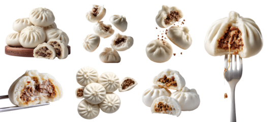 Set of bao baozi Mantou, Chinese stuffed steamed bun, wooden serve board, fork, meat vegetable filling, broken bitten fly pile, isolated transparent cutout PNG. Mockup template for design
