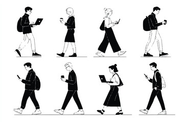 Obraz premium Diverse group of people walking using technology and drinking coffee in black and white line art illustration
