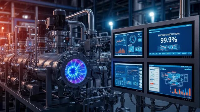 Plasma arc wastegasification reactor skid with digital monitoring systems in an industrial plant demonstrating cuttingedge emission reduction technology.