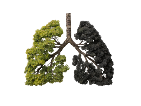 Lungs depicted as trees, one healthy green, one polluted dark