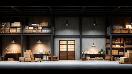 Modern industrial warehouse interior with organized storage boxes shelving units spacious layout efficient logistics setup and functional design for business
