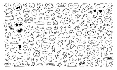 Cute line sketch star, arrow, heart decoration element icon set. Hand drawn sketch doodle cute star, emphasis, flower element. Pen line text decoration shape icon. Hand drawn vector illustration. 