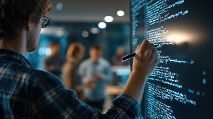 Medium shot of security engineer annotating code improvements background out of focus with colleagues brainstorming threat fix strategies.
