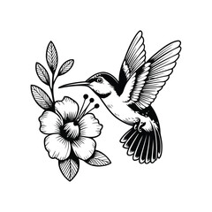 Obraz premium Black and white tattoo-style illustrations of a leaping bass, flying hummingbird with flower, and palm tree emblem with text