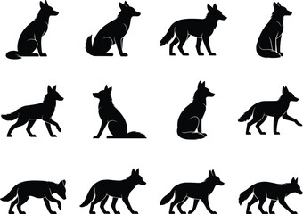 Fox silhouette clipart, wild animal vector, sitting and walking fox, forest wildlife icon, black fox illustration, SVG design elements