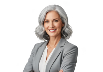 Smiling businesswoman with gray hair isolated on transparent background