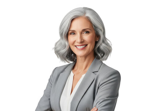 Smiling businesswoman with gray hair isolated on transparent background - Powered by Adobe