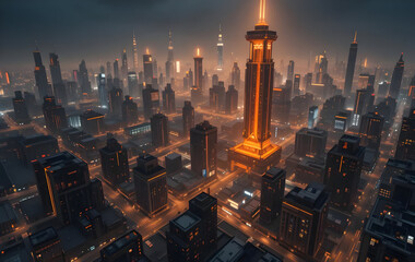 Futuristic City at Night: Aerial View of Glowing Orange Lights and Dark Buildings