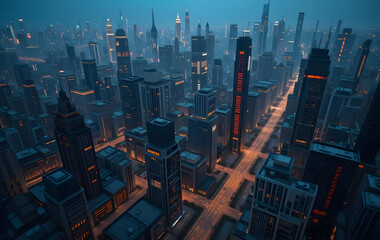 Futuristic City at Night: Aerial View of Glowing Orange Lights and Dark Buildings