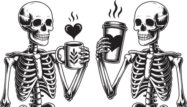 Skeleton showing coffee heart National Day. Cartoon Minimal Clipart Silhouette Vector Illustration Line Art Illustration. Bone structure displaying java affection for worldwide caffeine