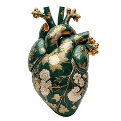 A meticulously detailed anatomical heart, rendered in a deep emerald green, is adorned with intricate gold floral patterns
