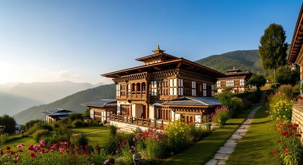 Obraz premium Bhutanese Architecture: Mountain Resort at Sunrise