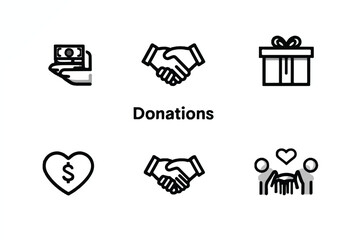 Donations and Charity Vector Icon Set for Giving and Support Initiatives on White Background