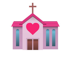 Vector Christian wedding pink church icon with cross and red heart on the building