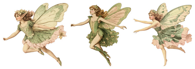 PNG Vintage fairies in flight, element set on transparent background