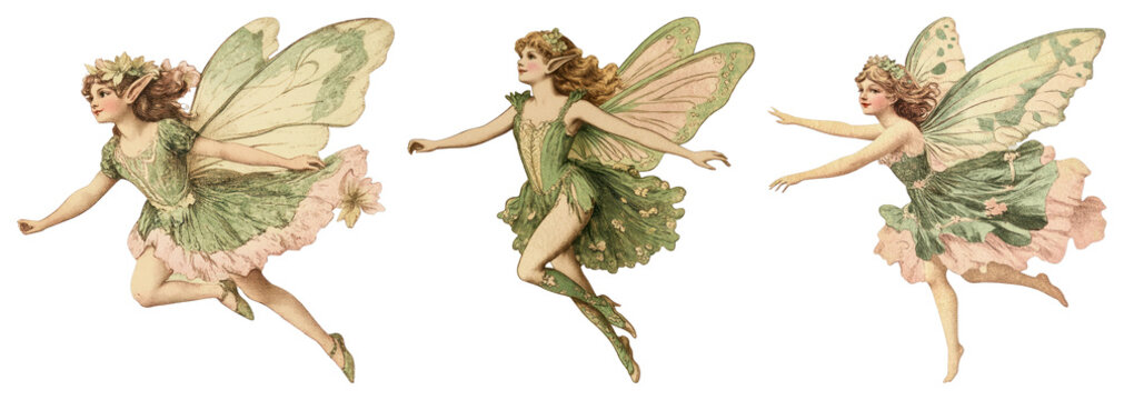 PNG Vintage fairies in flight, element set on transparent background
