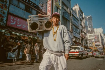 1980s rapper on a city street carrying boombox