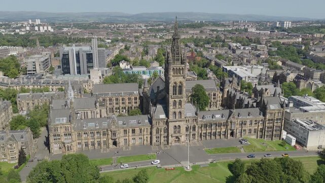 Aerial view of the University of Glasgow located in Glasgow, Scotland. Beautiful traditional architecture