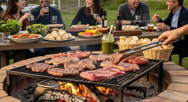 Outdoor barbecue party with friends, grilling meat over open fire, enjoying food and drinks in a relaxed setting