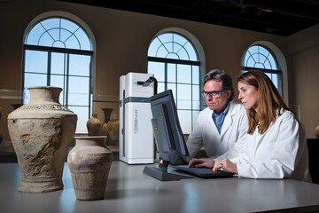 Two scientists in lab coats work on a computer next to ancient pottery and a 3D X - ray microscope in a lab or museum setting.
