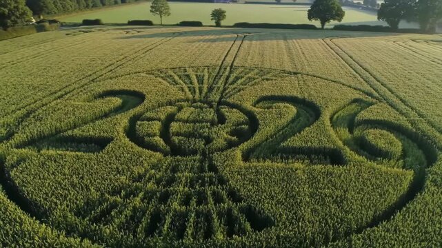 Aerial View of 2026 New Year Crop Circle Design Featuring World Globe Symbol in Golden Wheat Field, Promoting Environmental Conservation and Sustainable Agriculture Practices